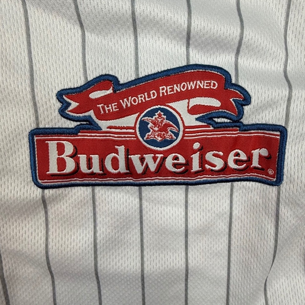 Budweiser Baseball Jersey Mens Small White Blue Pinstripe King of Beers Graphic - Picture 9 of 9